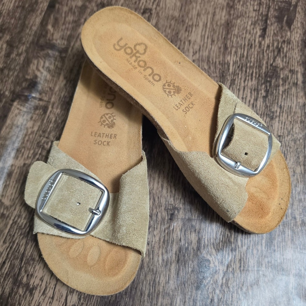 YOKONO Slide Sandals Womens 6.5 Beige Suede Leather Buckle Made in Spain